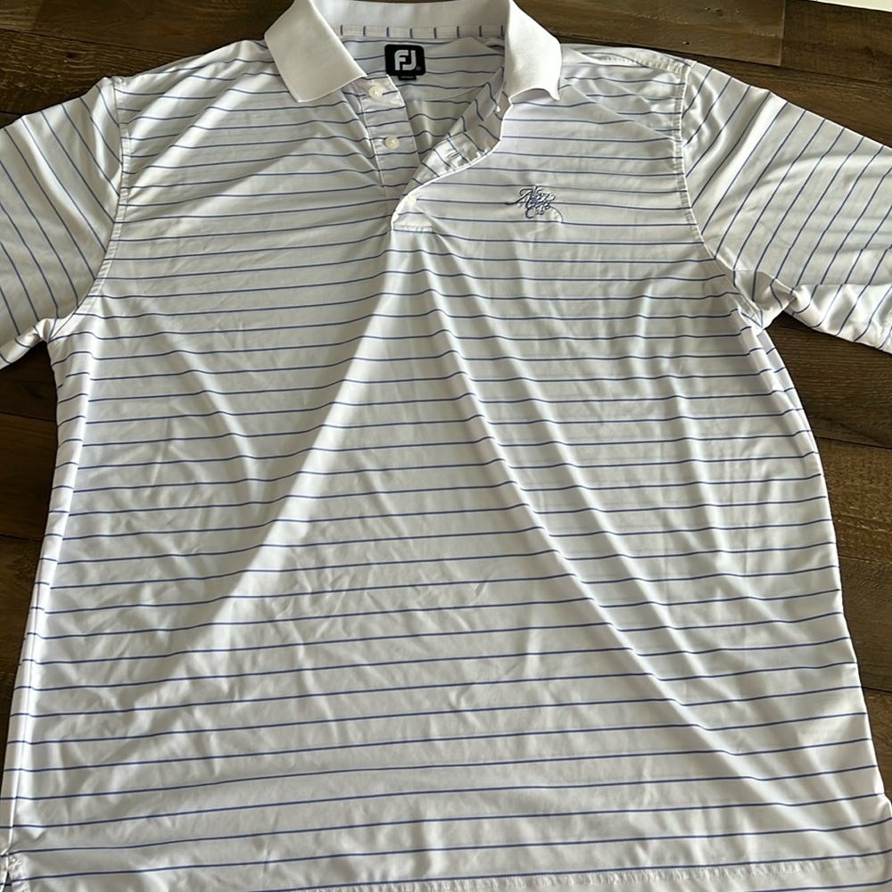 FJ FOOTJOY Blue and White Stripe GOLF Polo SHIRT Men’s Large Albany Country Club